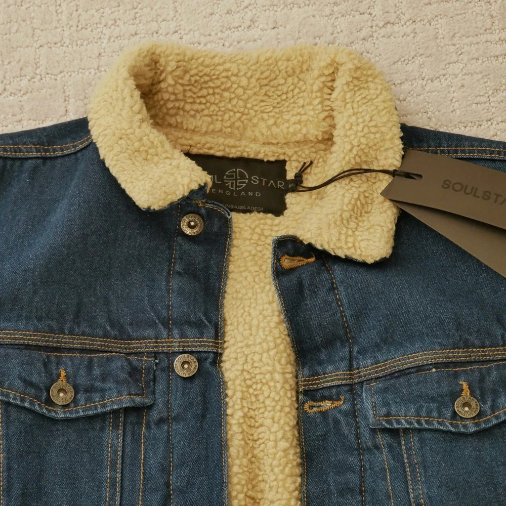 Soul Star Mens Blue Denim Trucker Jacket Sherpa Borg Collar MJ MINK ASOS Medium
